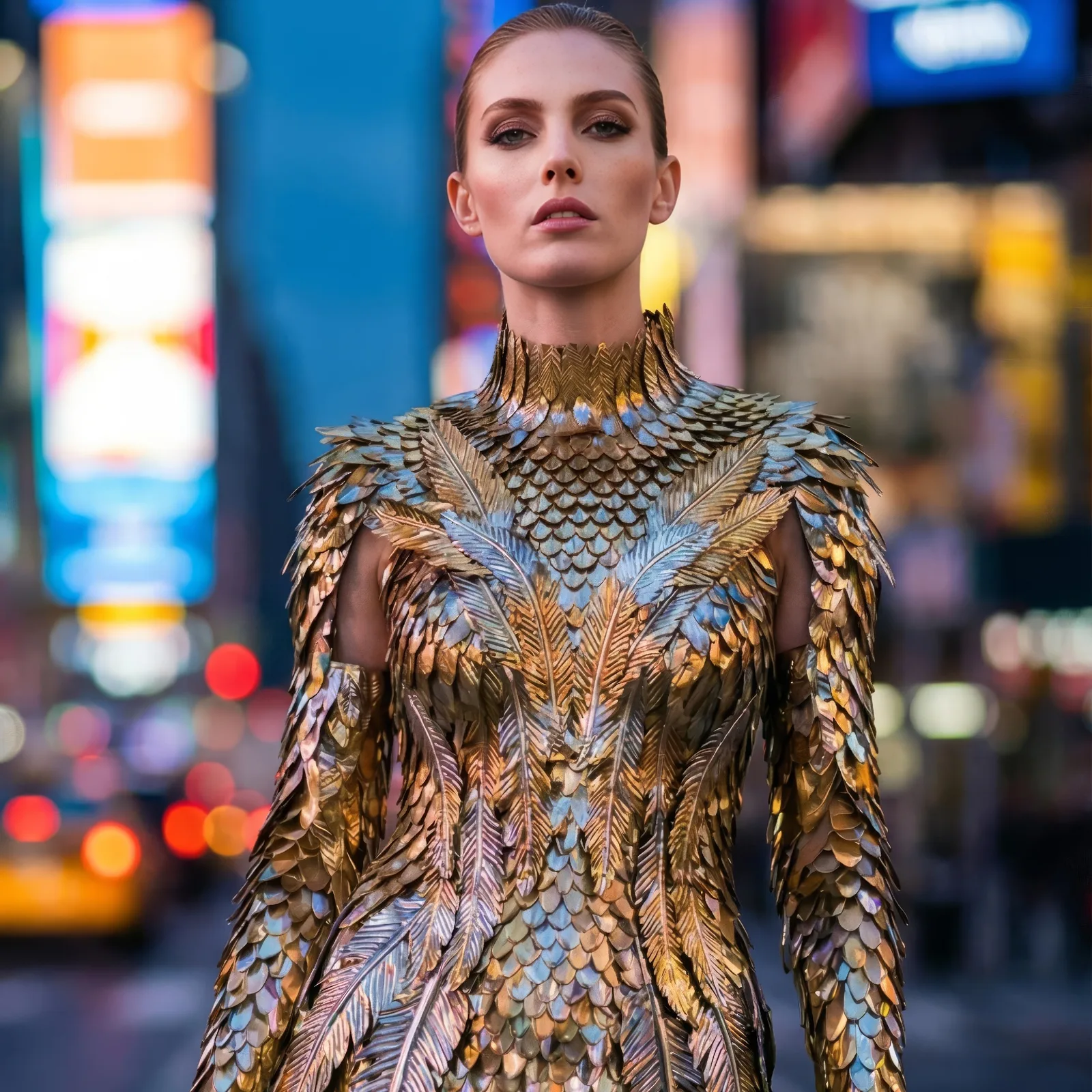 Model in a gold feather and scale textured gown standing in a neon lit city street