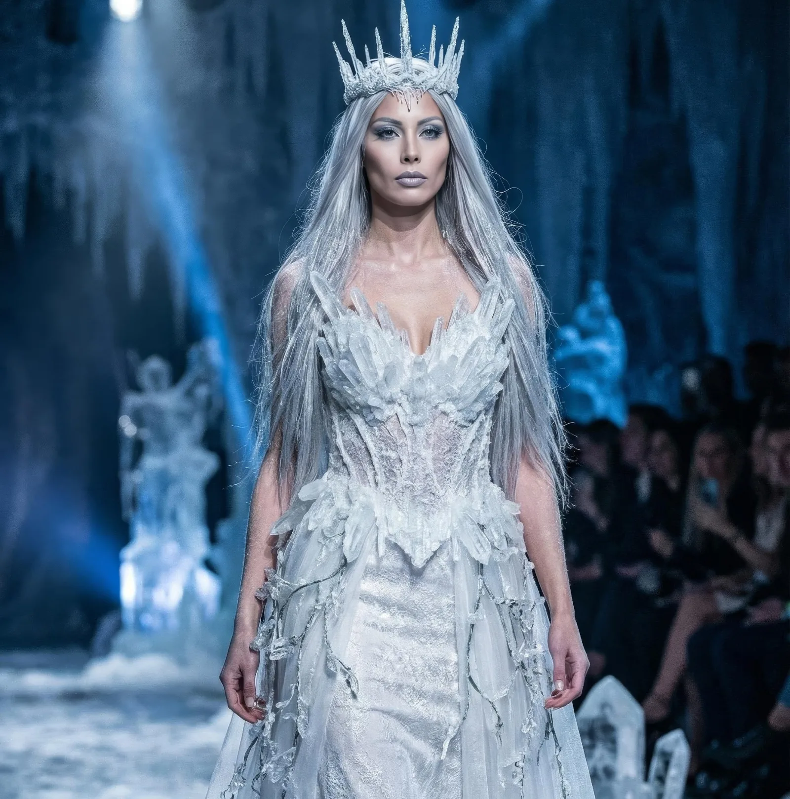 Model in a crystal crown and icy white gown walking a winter themed runway