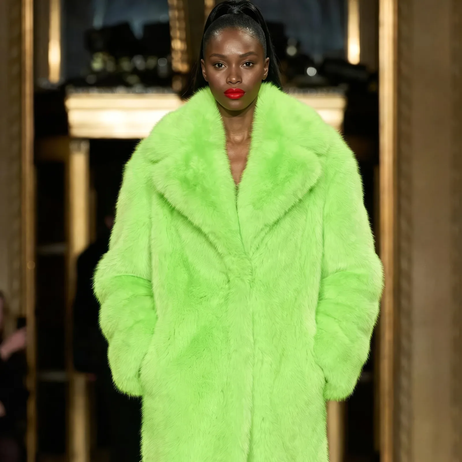 Model in an oversized lime green faux fur coat with red lipstick in an ornate hall