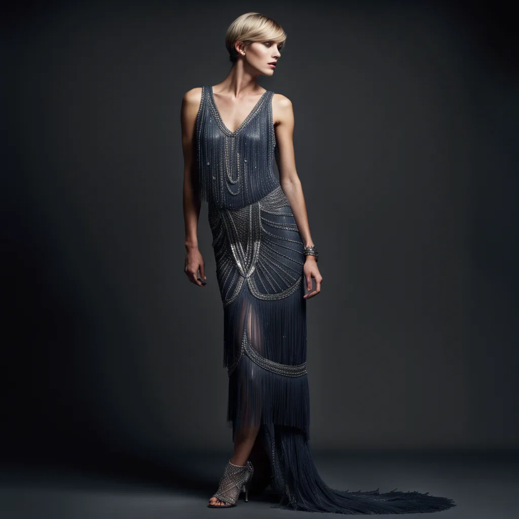 An AI generated navy beaded flapper style dress with fringing and a long trailing hem, shot against a dark background