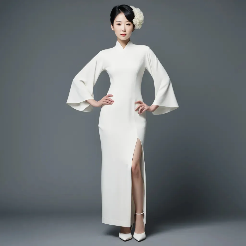 An AI generated long ivory dress with a mandarin collar, wide bell sleeves and a side slit, worn with white pointed heels