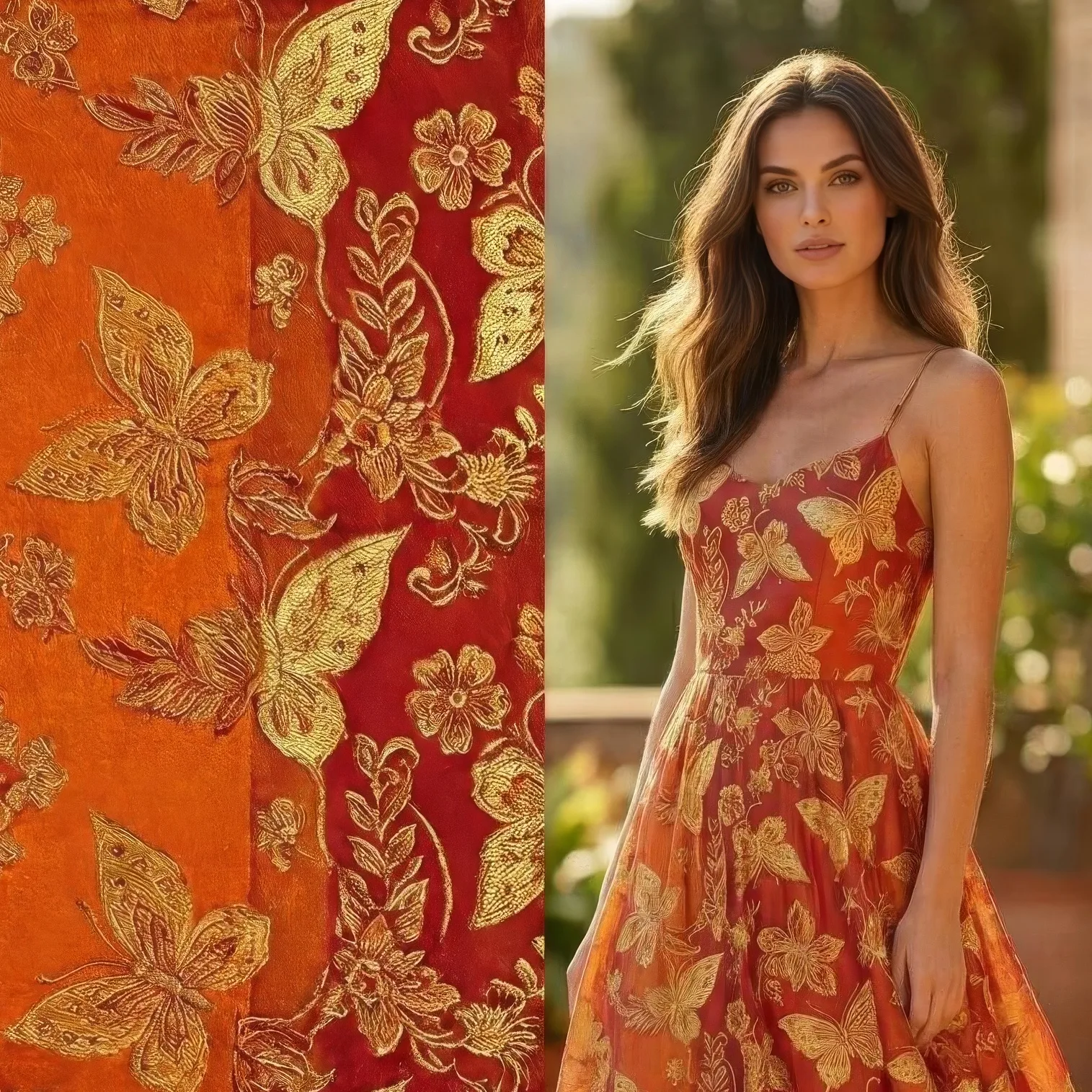 Gold butterfly print fabric beside a model wearing a matching orange sundress outdoors