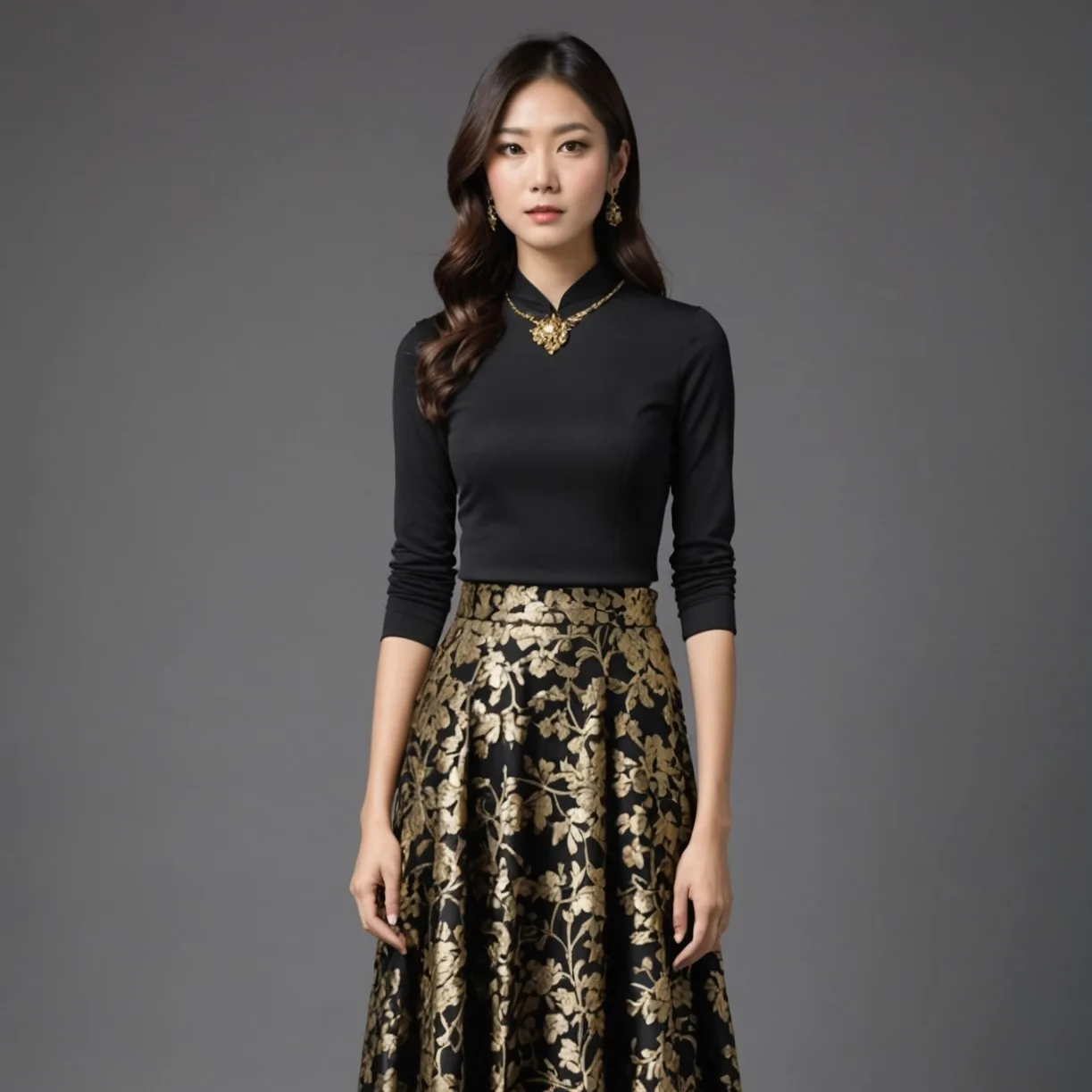 Model in a black fitted top and gold floral skirt posing in a gray studio