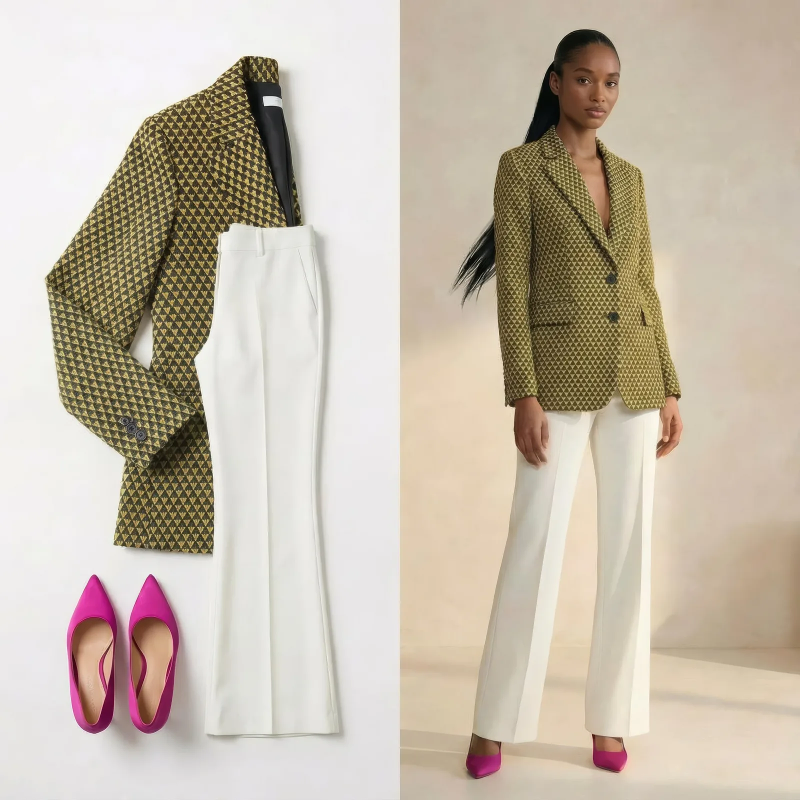 Flat lay of a patterned blazer, white trousers and pink heels beside a model wearing them