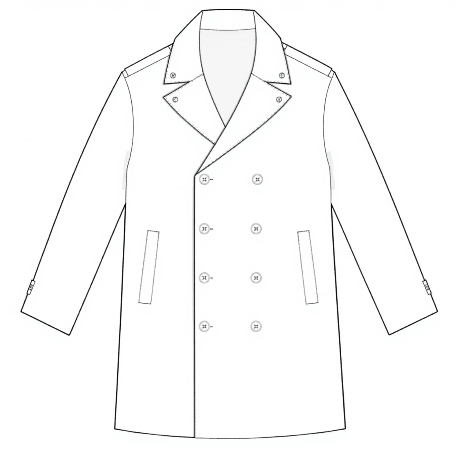 Flat technical sketch of a double breasted trench coat showing collar, buttons, pockets and cuff tabs