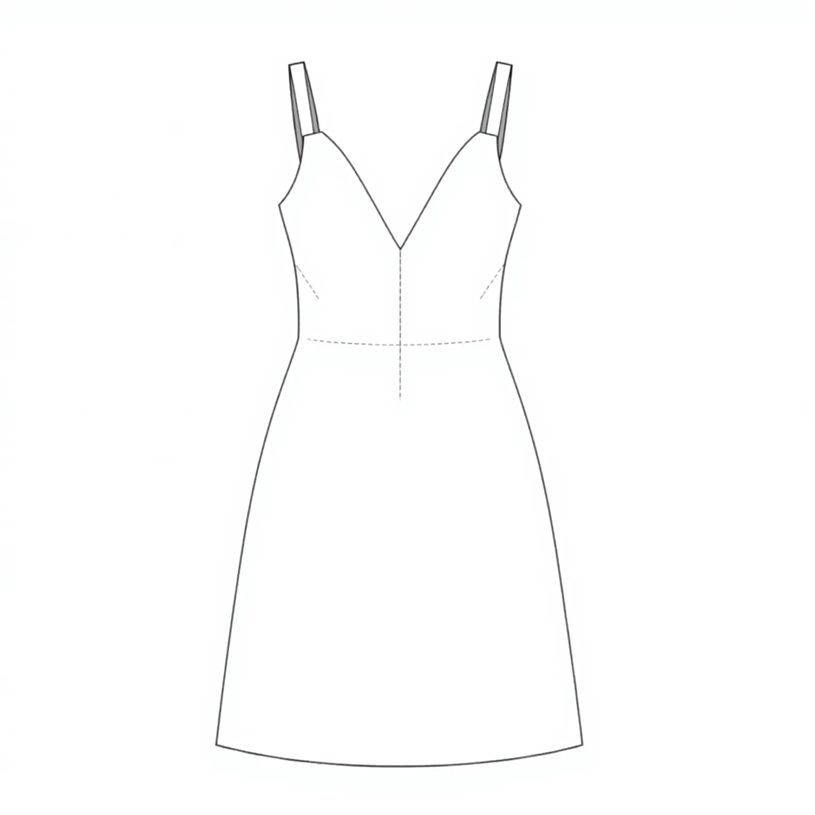Flat technical sketch of a V neck sleeveless dress with waist seam and dart lines
