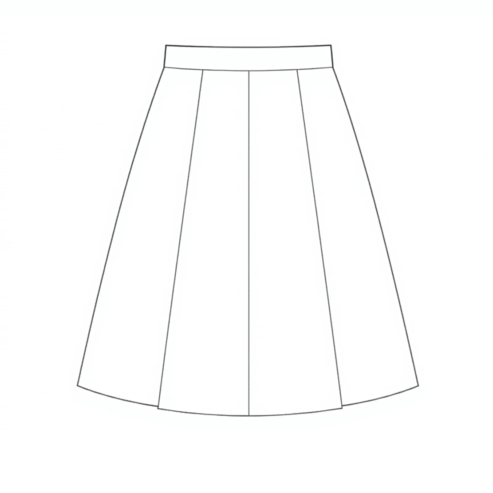 Flat technical sketch of a knee length panelled A line skirt with a fitted waistband