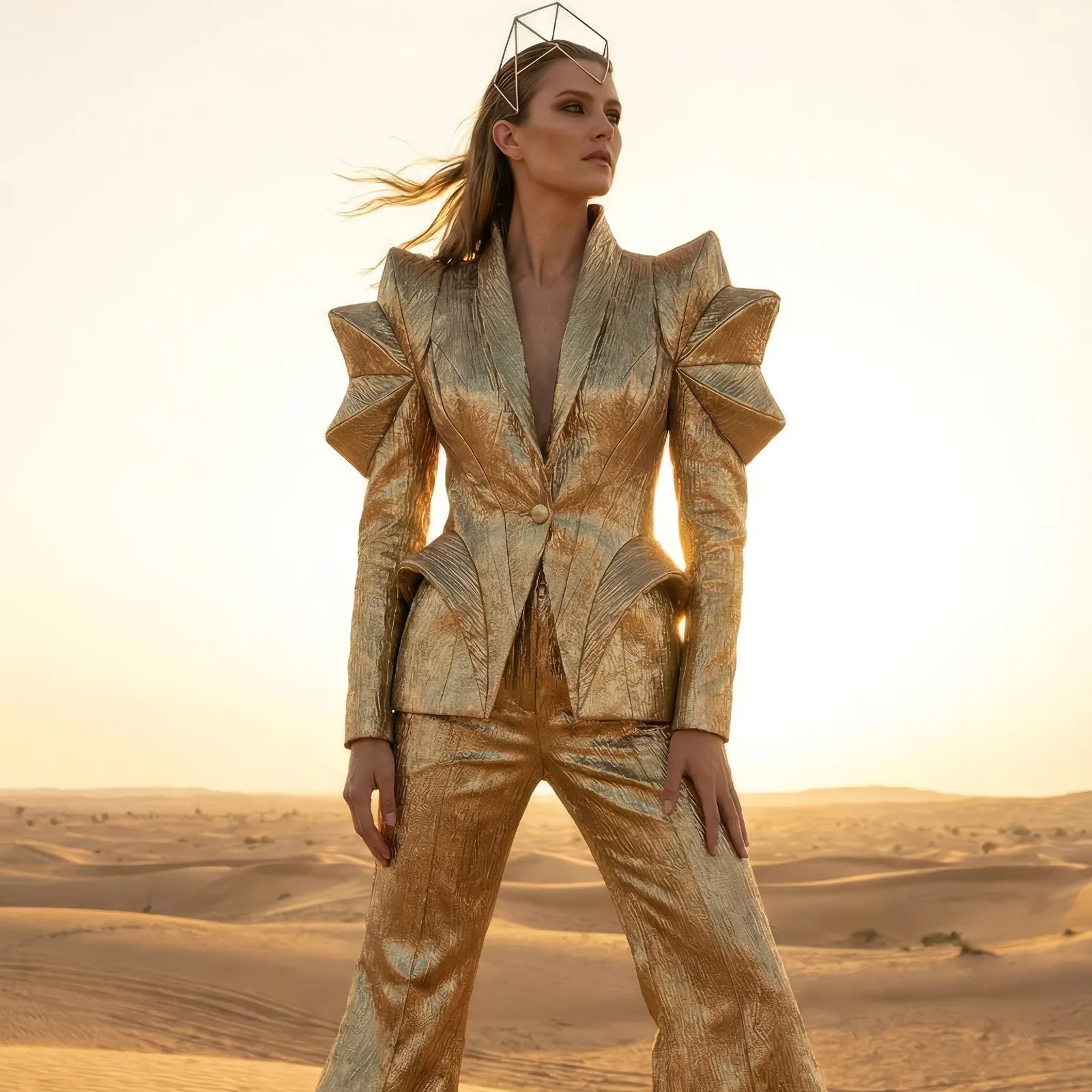Model in a sculptural gold metallic suit with pointed shoulders standing in desert dunes at sunset