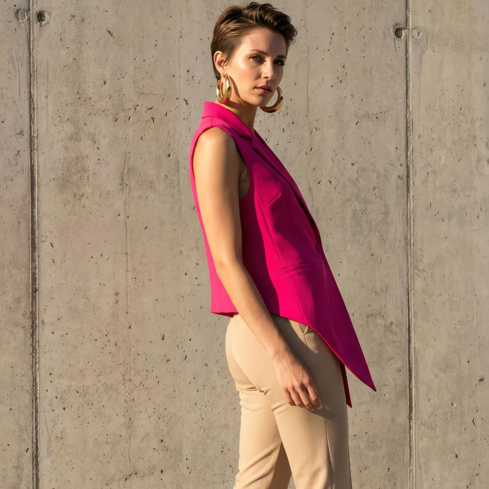 Woman in a fuchsia sleeveless top, gold hoop earrings and beige trousers by a concrete wall