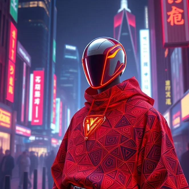 Figure in a patterned red hoodie and reflective helmet standing in a neon lit city street