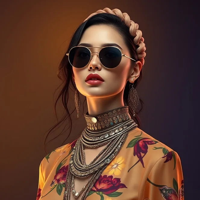 Model in a floral silk top with layered gold necklaces and sunglasses against a warm backdrop