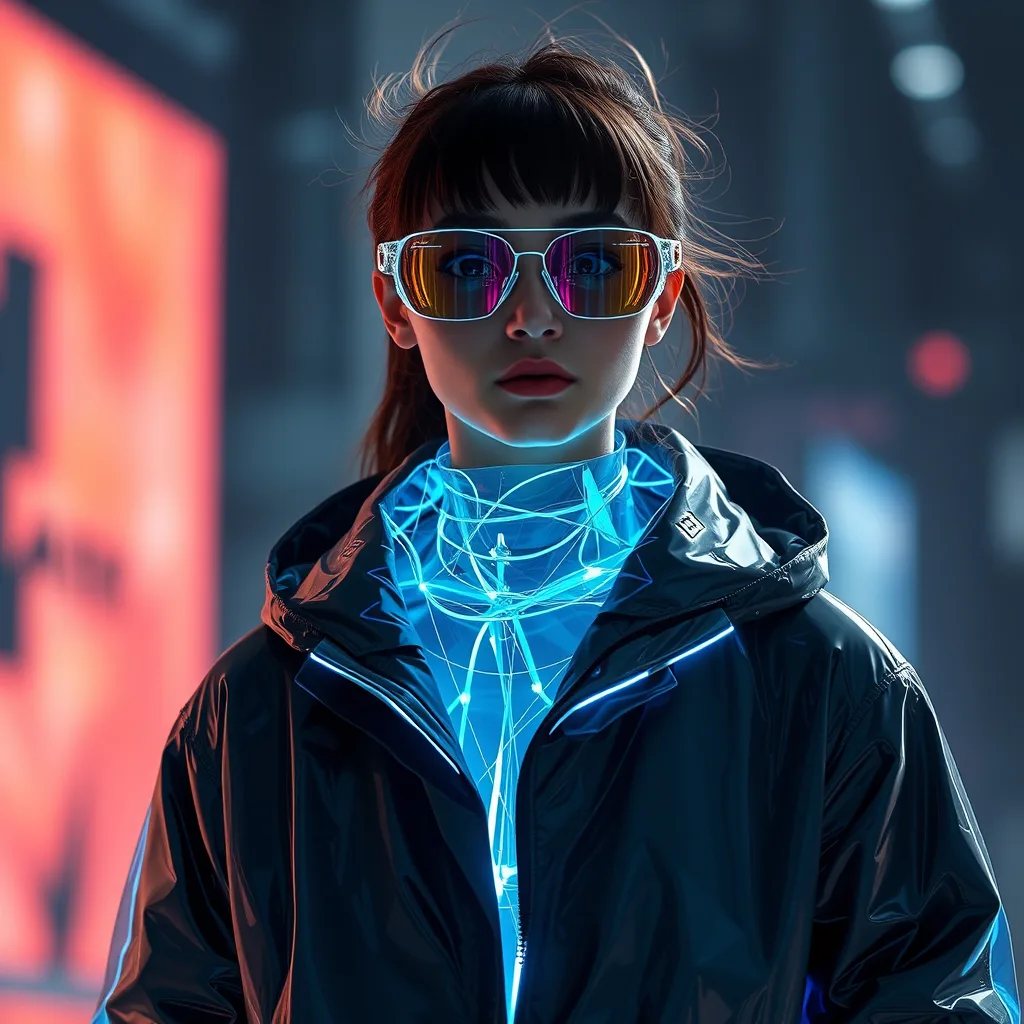 Model in a glossy black jacket over a glowing blue digital top in a neon lit street