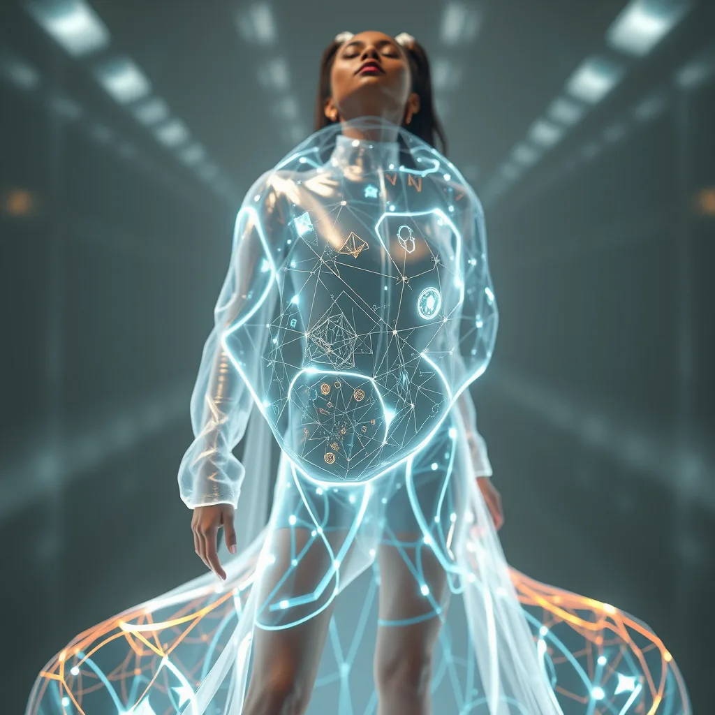 Model wearing a translucent gown patterned with glowing geometric network lines