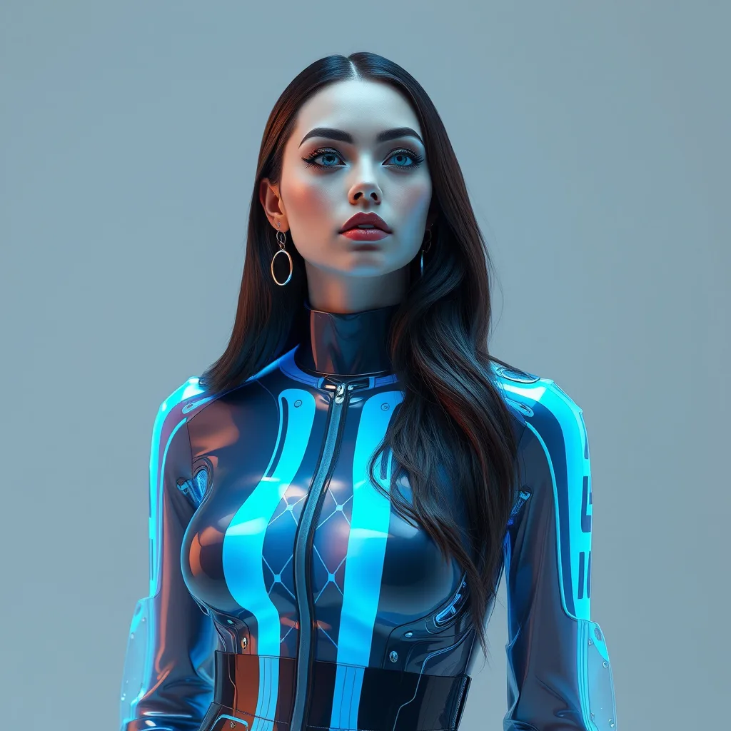 Model in a glossy blue and black bodysuit with illuminated panels on a plain background