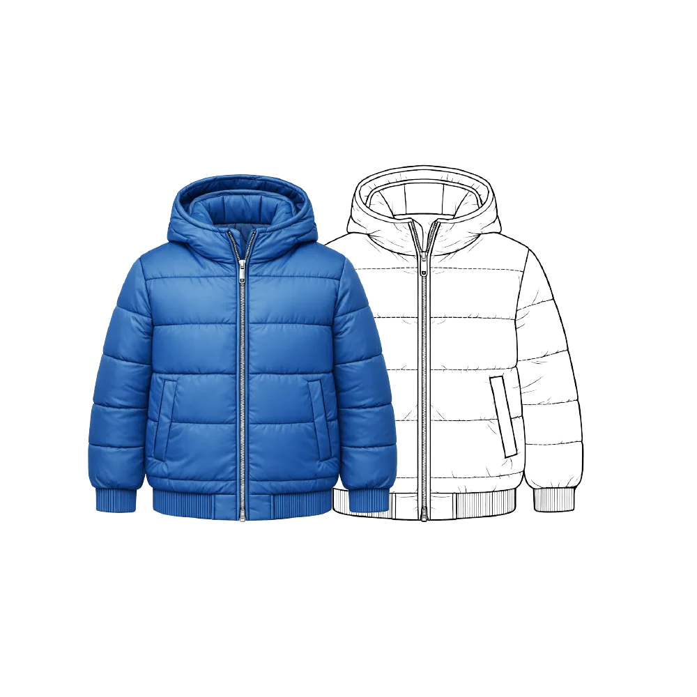 Blue hooded puffer jacket shown next to its technical flat sketch on a white background