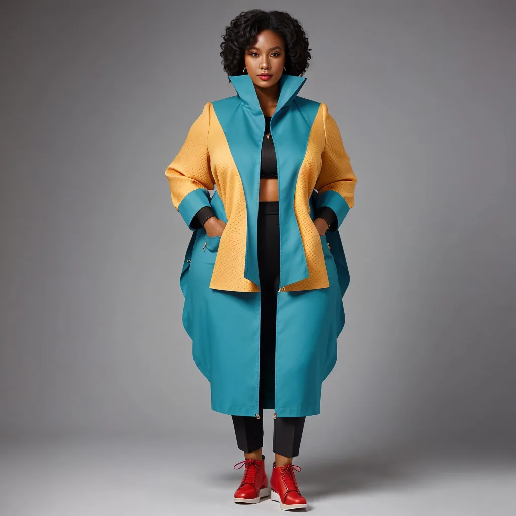 An AI generated look with a long teal and yellow color blocked coat over black trousers and red platform boots