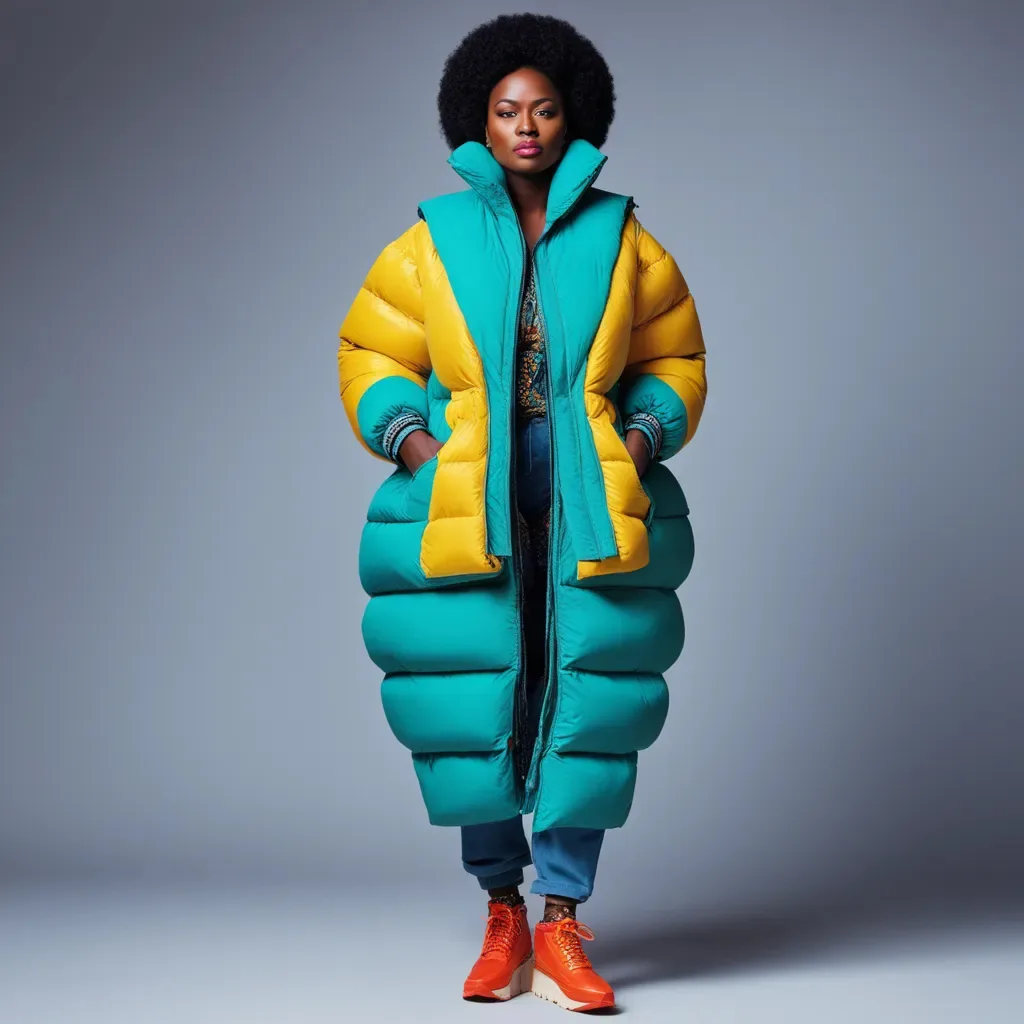 An AI generated oversized teal and yellow quilted puffer coat worn over jeans with orange sneakers