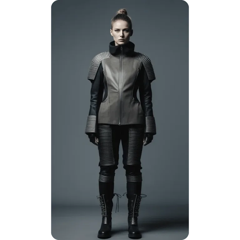 An AI generated look with a gray leather jacket, ribbed shoulder panels and matching ribbed trousers over lace up boots
