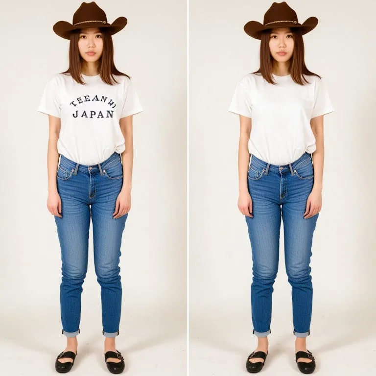 Before and after of a woman in a cowboy hat with lettering removed from her white tee