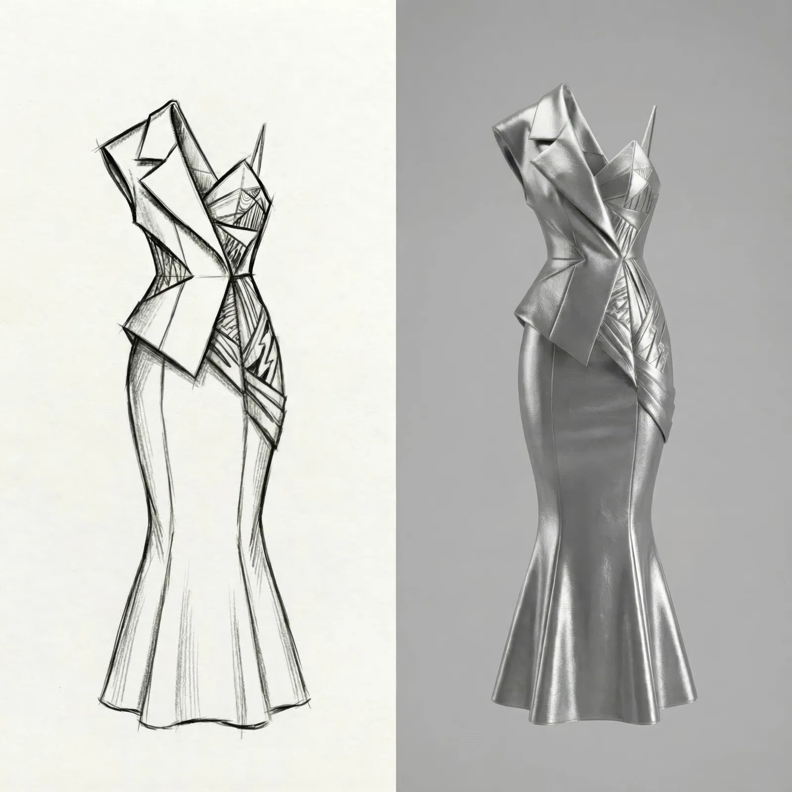 Pencil fashion sketch beside the finished silver metallic gown it depicts