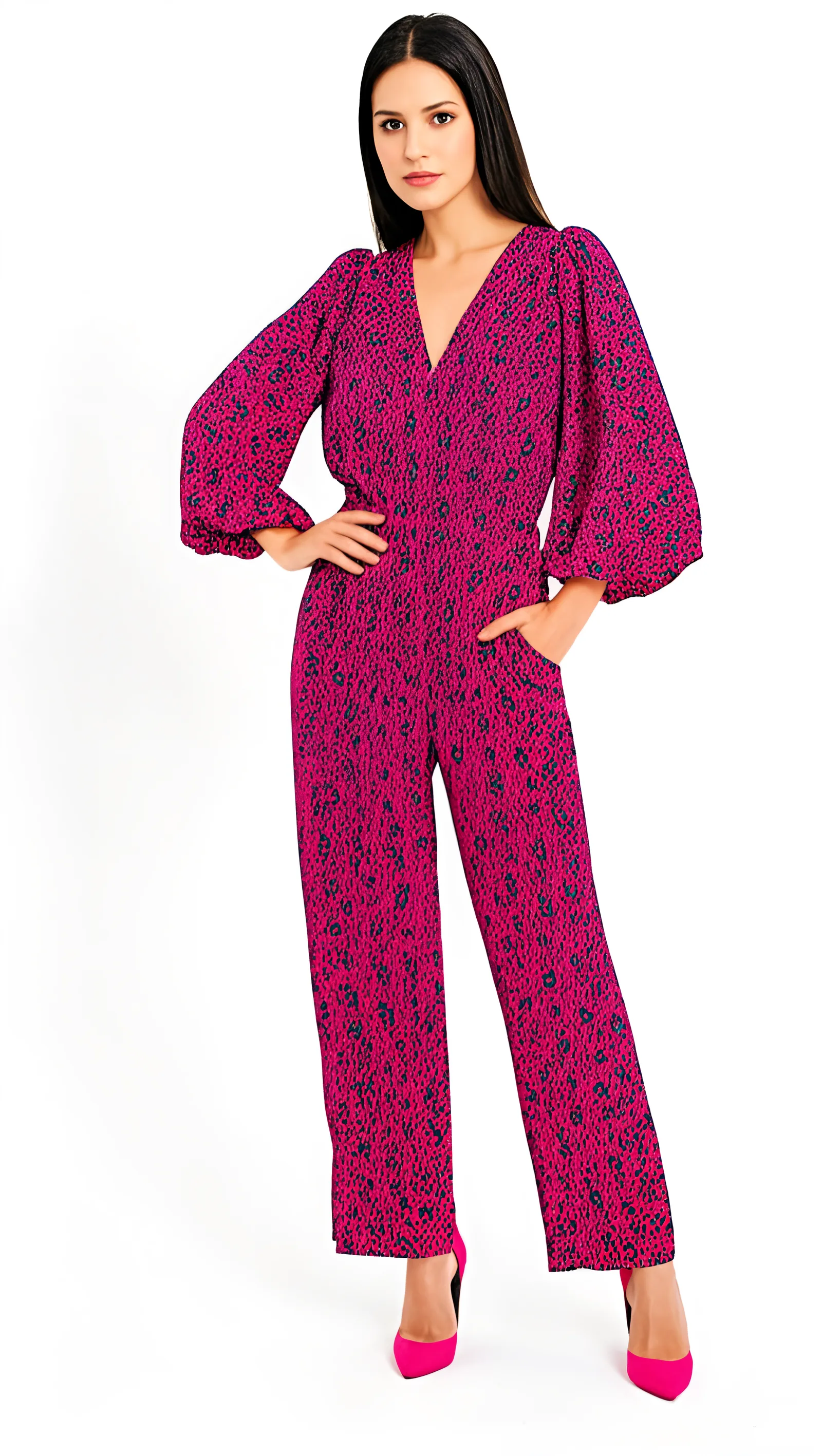 Fashion model wearing a pink and black animal print jumpsuit with balloon sleeves