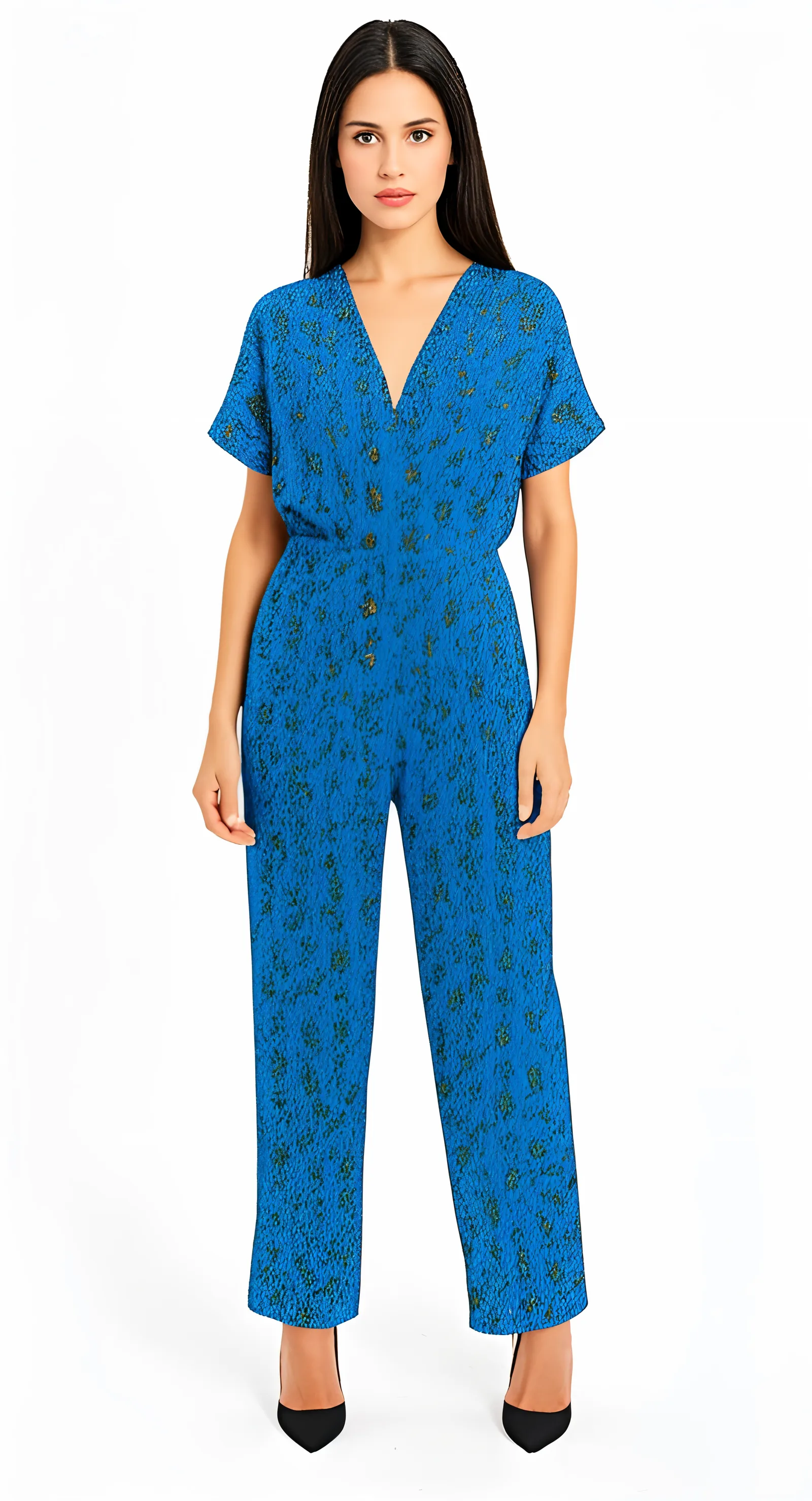 The same jumpsuit silhouette recolored in bright blue with short sleeves