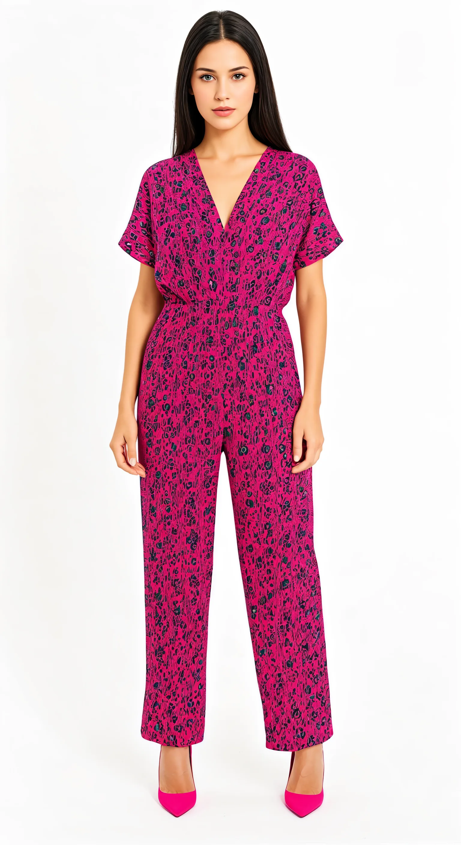 The jumpsuit shown again in a magenta and navy print with matching pink heels