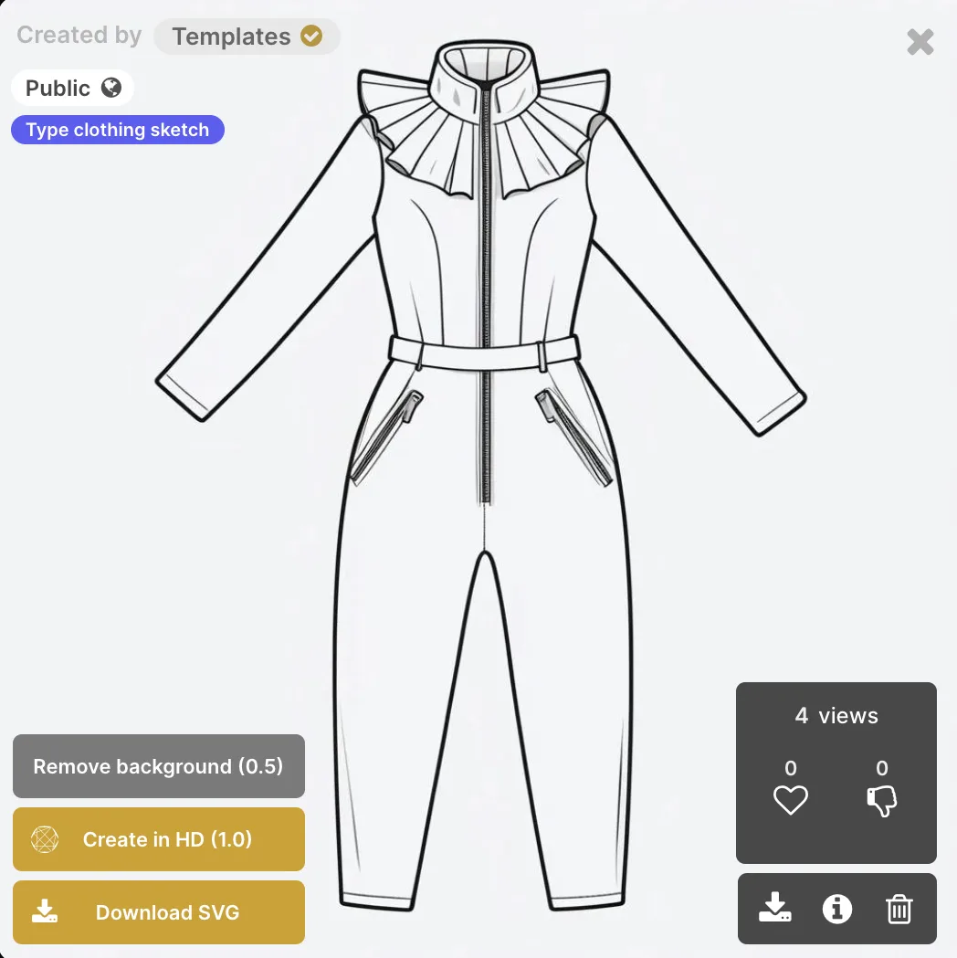 An AI generated flat sketch of a zipped jumpsuit with a pleated ruffle collar, shown with a download SVG button