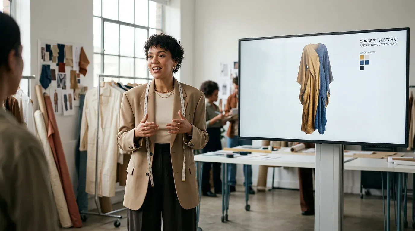 Fashion designer describing an idea as an AI generated garment appears on a studio screen