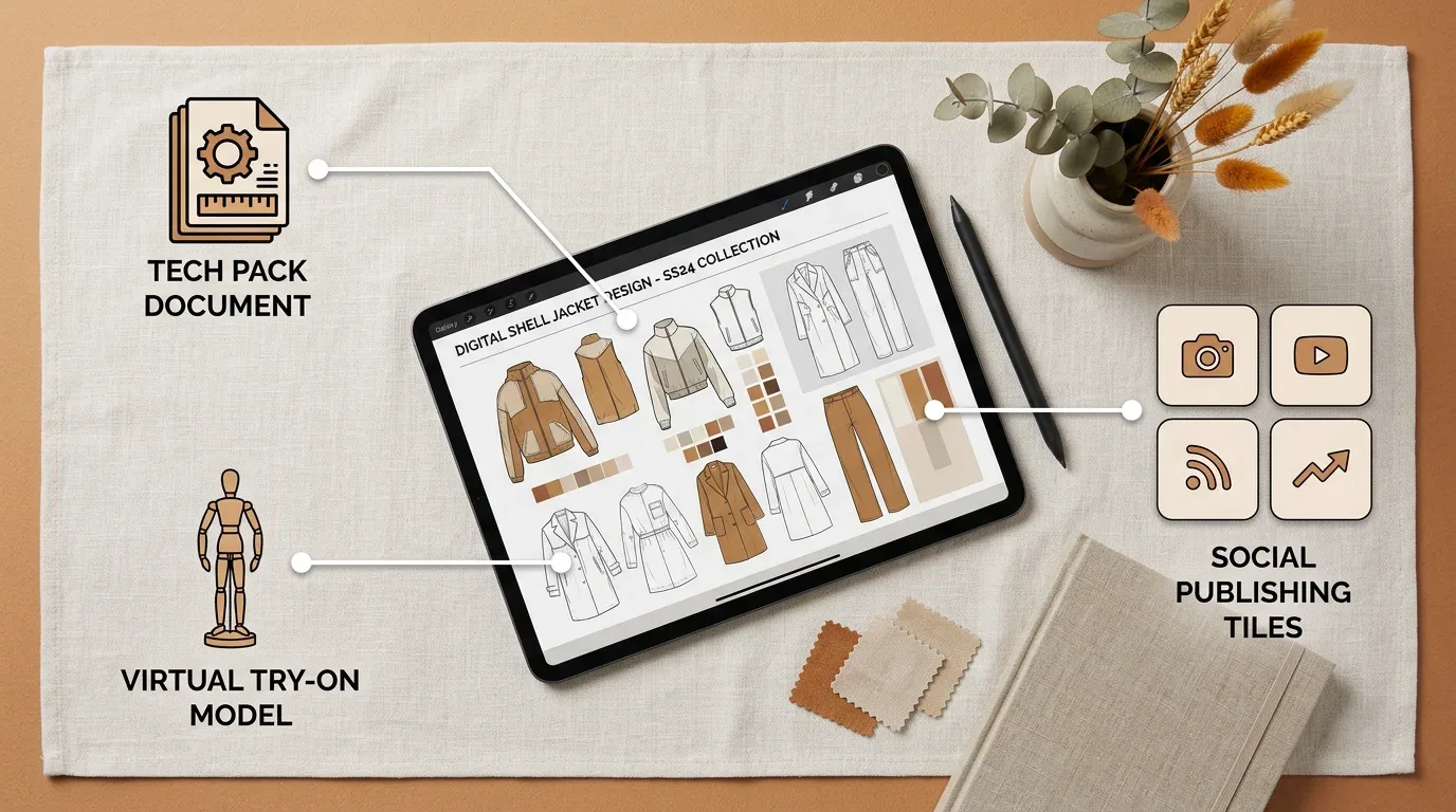 A single design connected to tech packs, virtual try on, and publishing channels