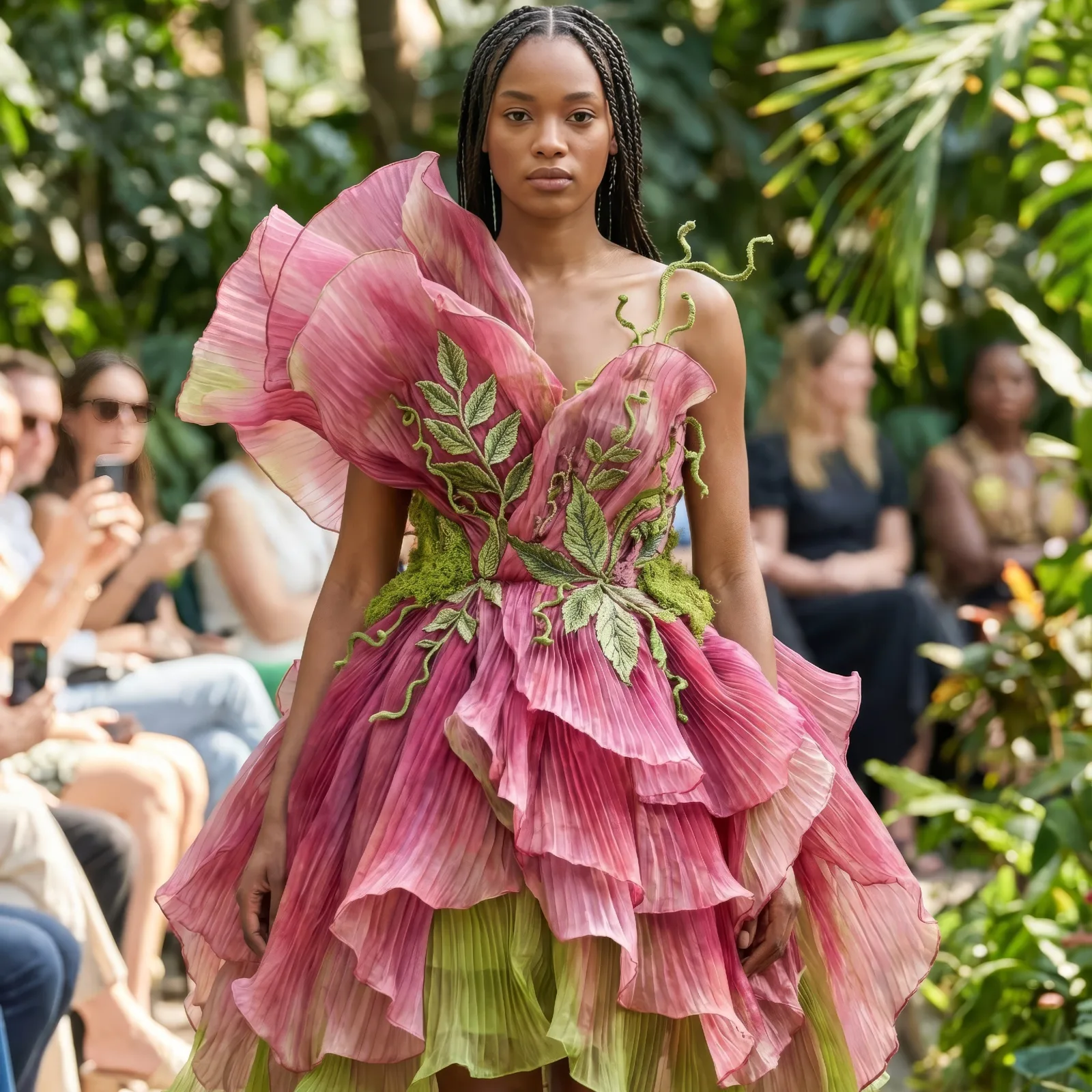 Model in a pink petal layered dress with green leaf embroidery on an outdoor garden runway