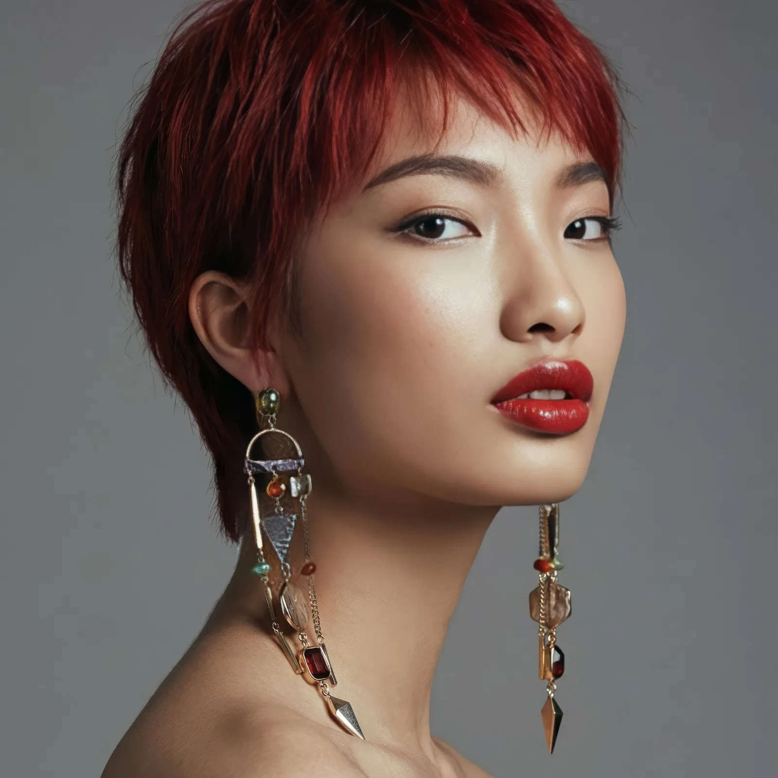 Profile of a woman with short red hair wearing long gemstone drop earrings