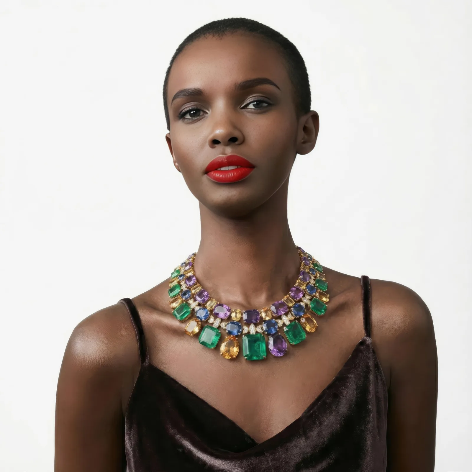 Model in a dark velvet slip wearing a multi gem statement necklace against a white background