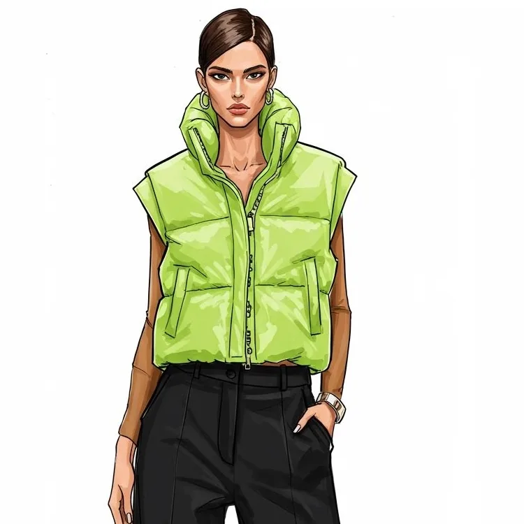 Fashion illustration of a model wearing a lime green puffer vest and black trousers