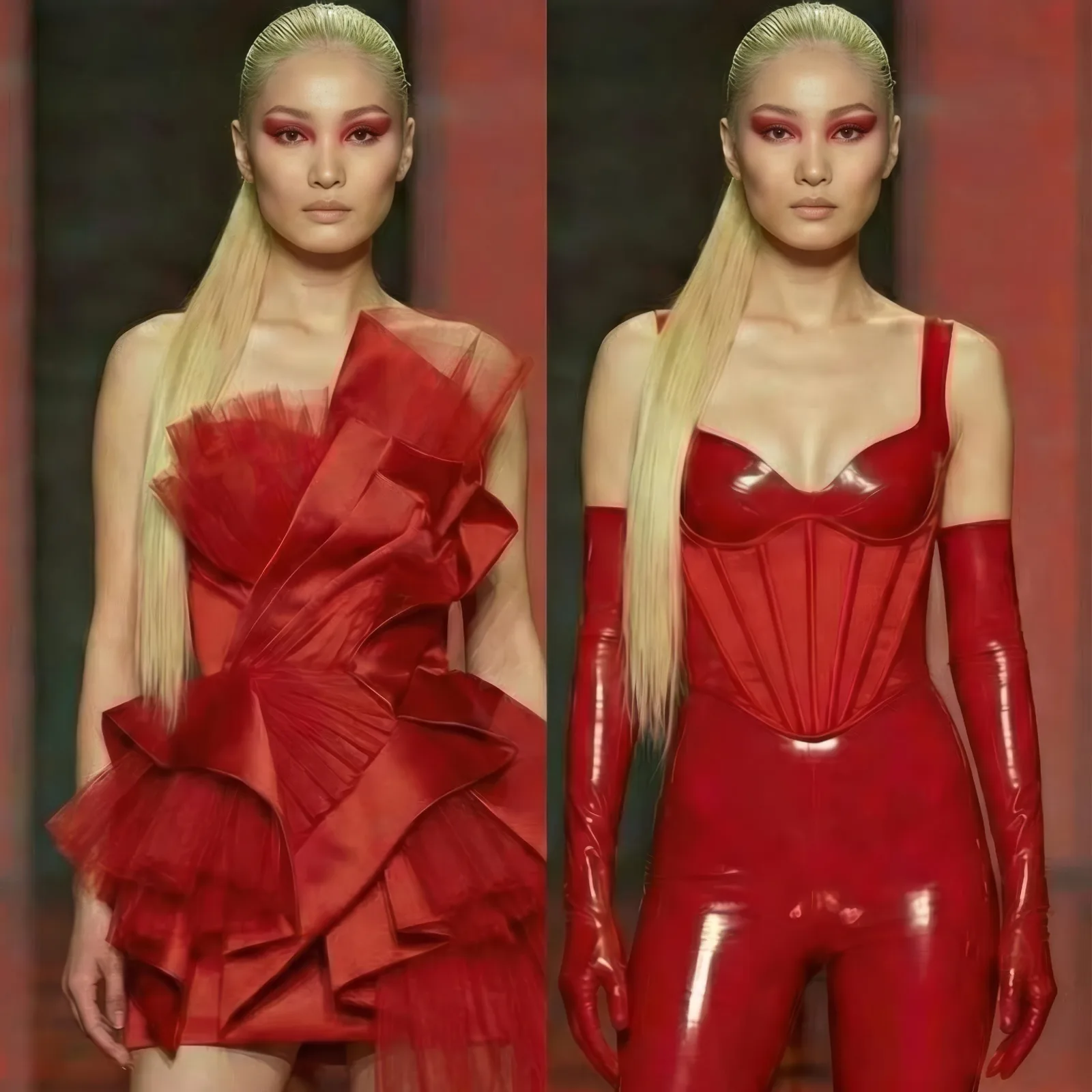 Model shown in a red ruffled tulle mini dress and in a red latex corset outfit