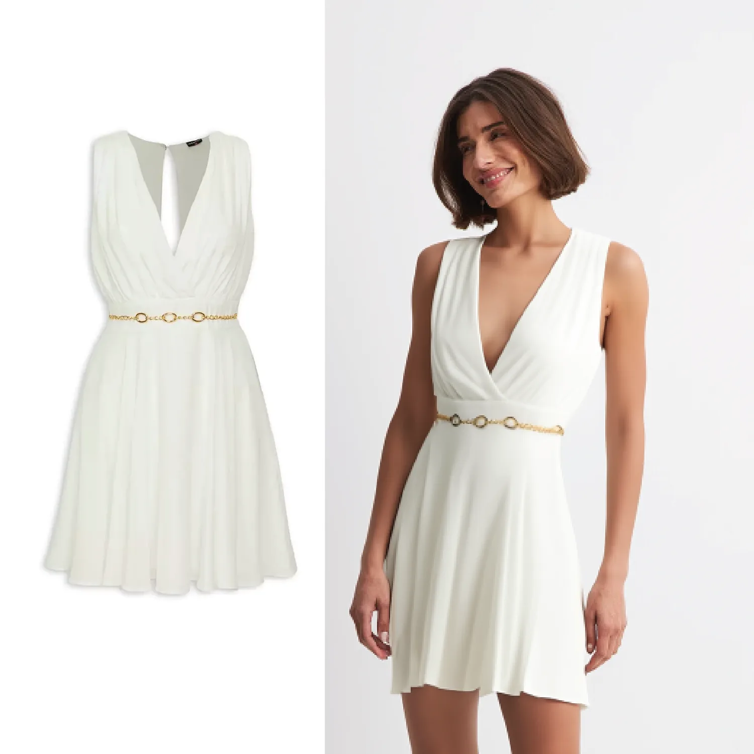 A white dress with a gold chain belt shown flat and then worn by a model
