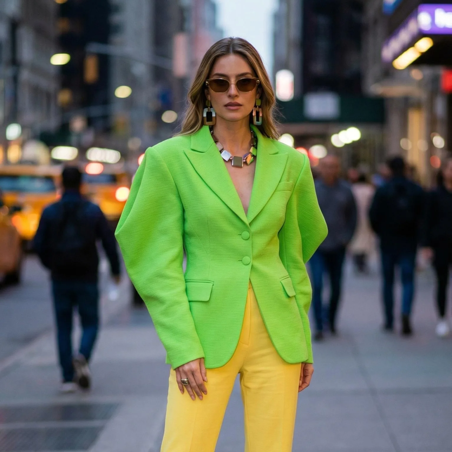Woman in a bright green blazer, yellow trousers and sunglasses standing in a busy street