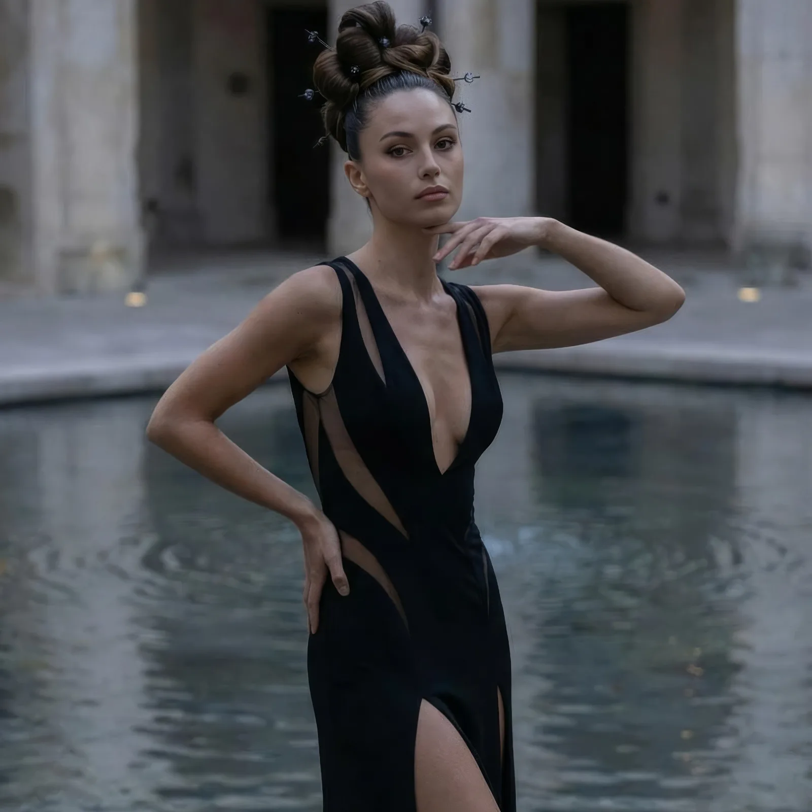 Woman in a black gown with sheer panels and a sculpted updo beside a courtyard pool