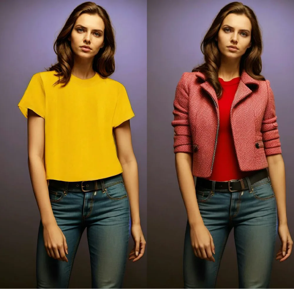 Two studio views of a model in jeans, first in a yellow tee then a pink tweed jacket