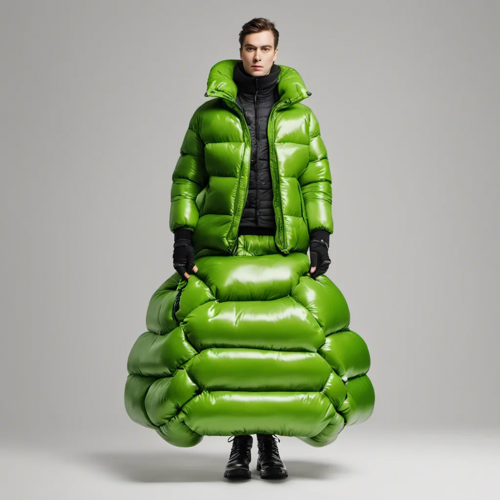 A model wearing an oversized bright green quilted puffer coat with rounded volumes
