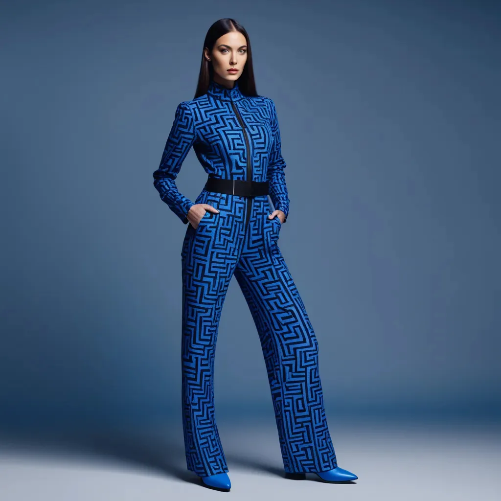A model in a blue and black geometric maze print jumpsuit with a fitted belt