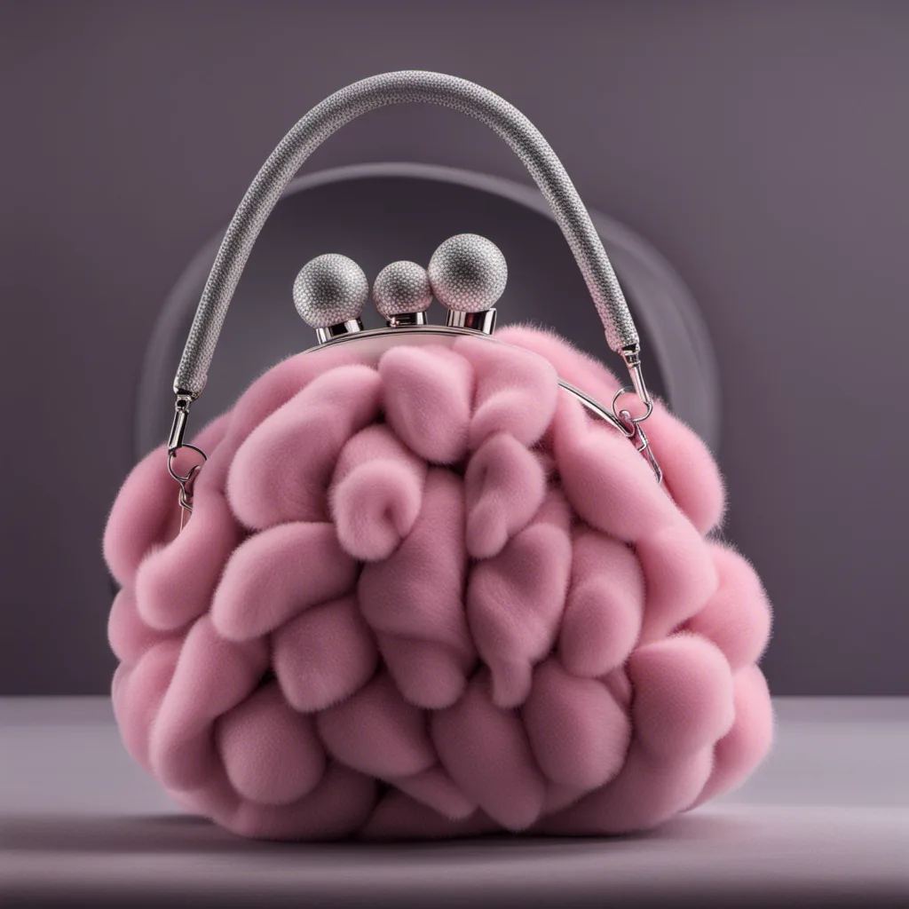 A pink faux fur handbag with a silver clasp and a woven top handle