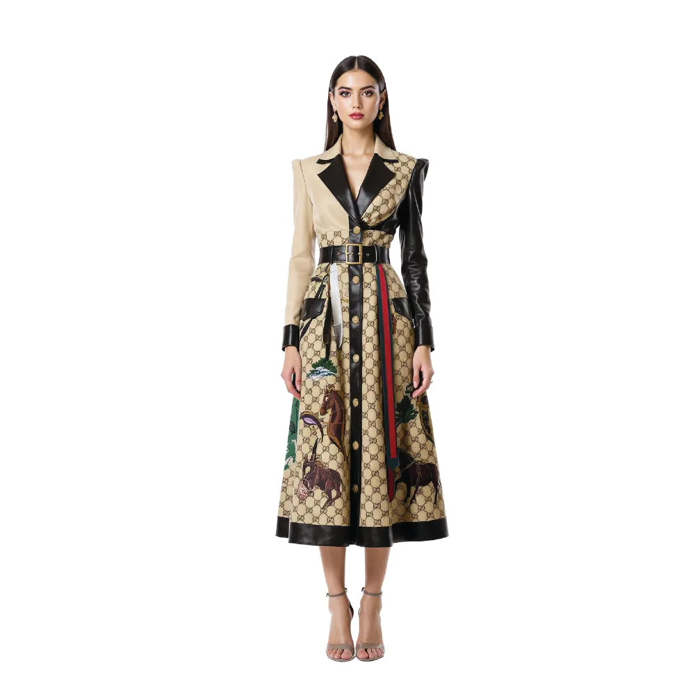 A coat mixing leather panels, beige tailoring and a printed skirt, generated from a brand DNA