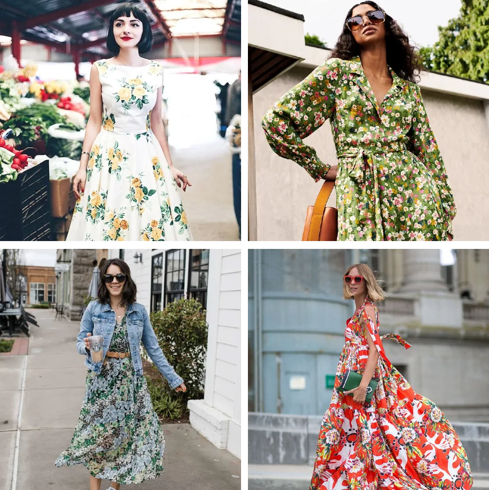 Four street style reference photos of floral print dresses used as a training set