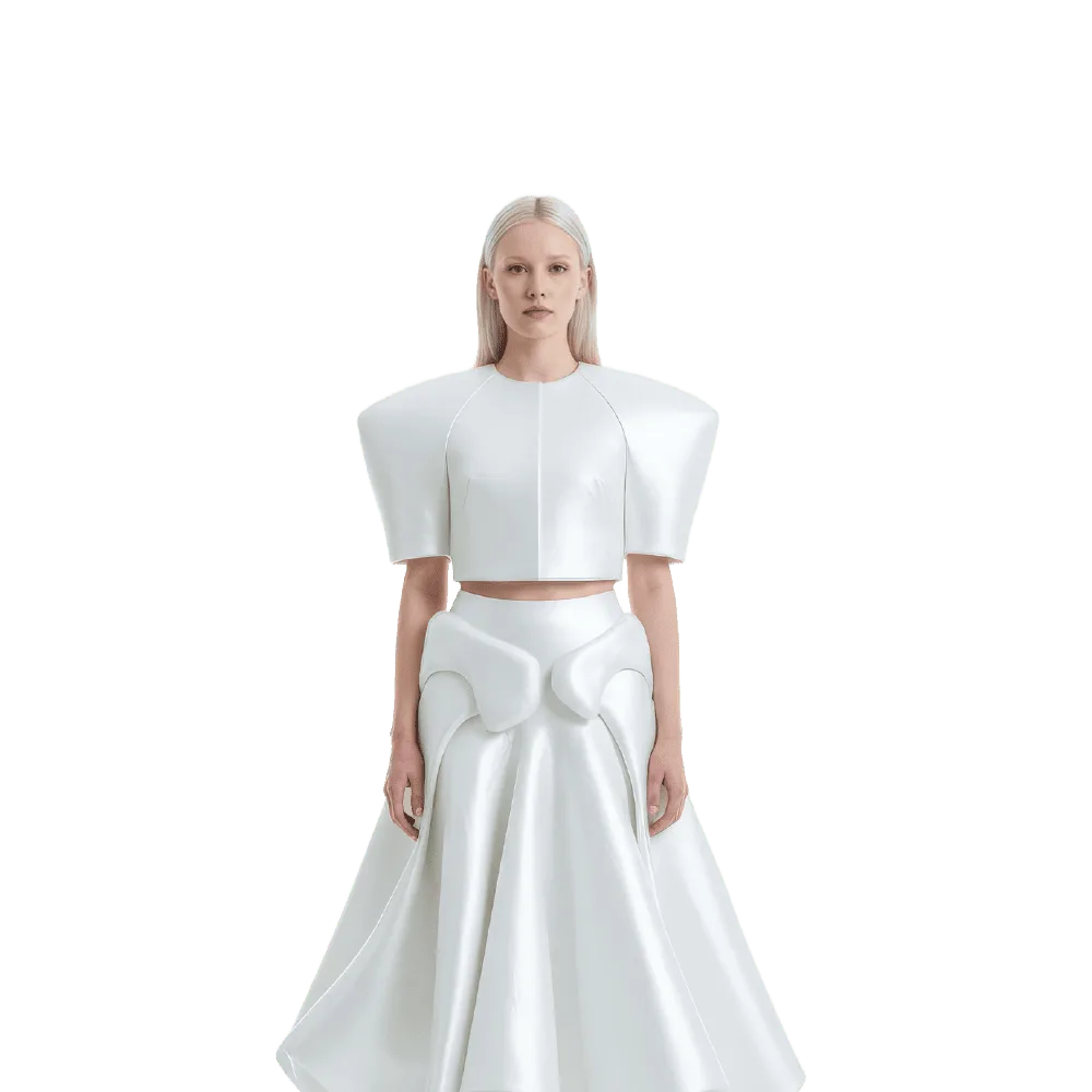 A sculptural white crop top and full skirt generated from a minimal brand DNA