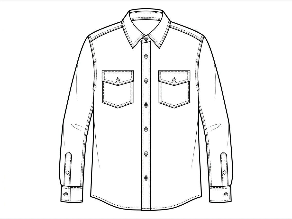 A technical flat sketch of a shirt, drawn from a written description