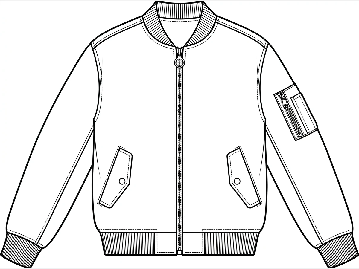 A bomber jacket drawn the same way, seams and topstitching included