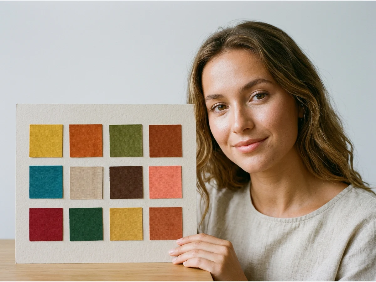 a woman's face in natural daylight beside her seasonal colour palette swatches, the palette laid out as coloured squares