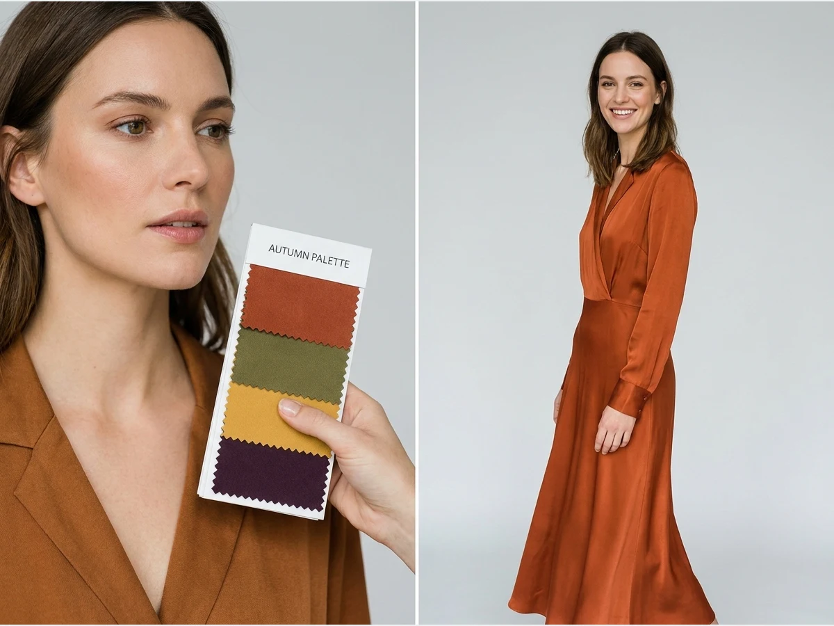 a woman's face in natural daylight beside her seasonal colour palette swatches, the same woman wearing a garment in her best colour