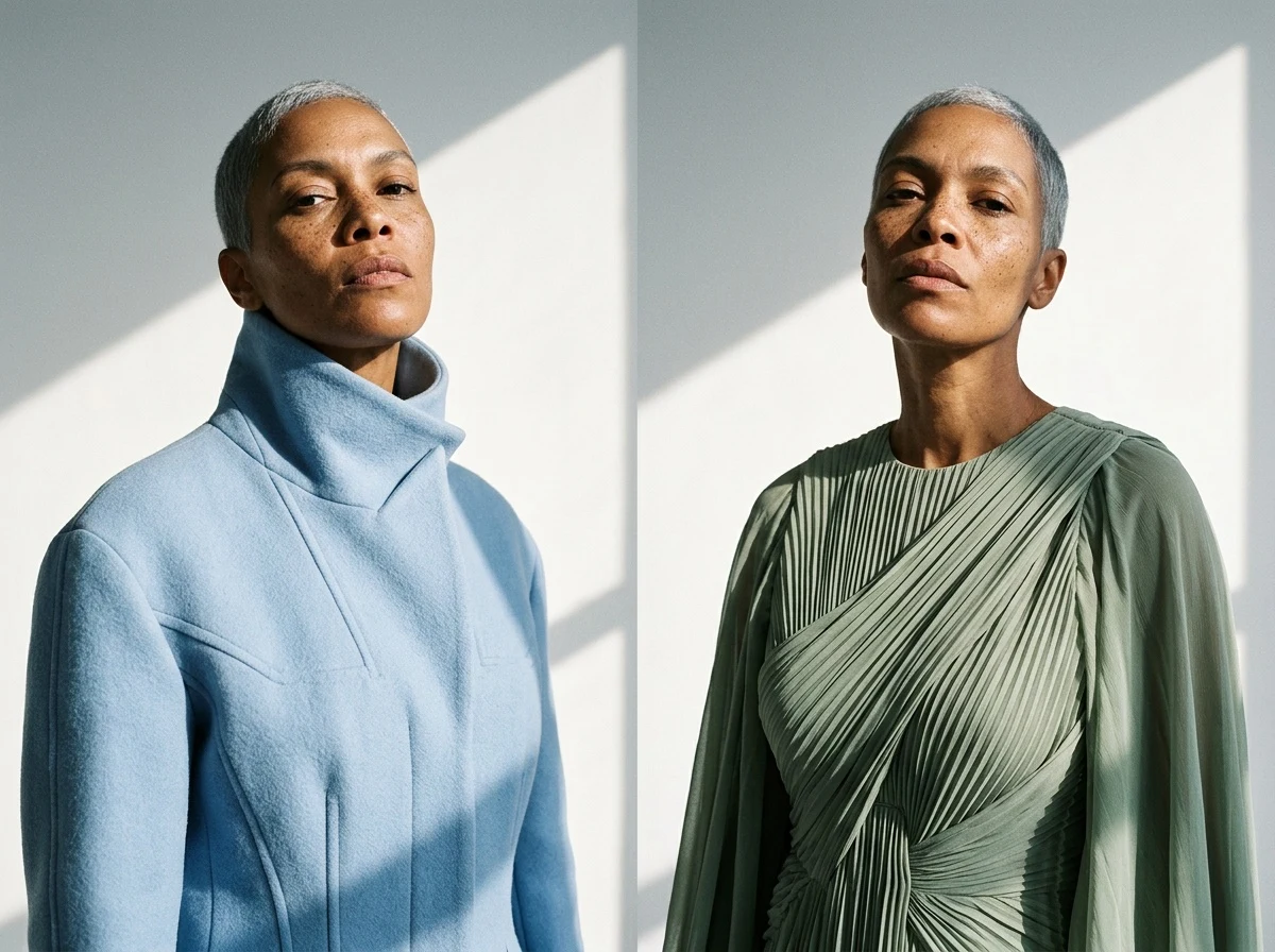 The same AI model, silver cropped hair, in two outfits side by side: a powder-blue wool jacket and a sage pleated dress